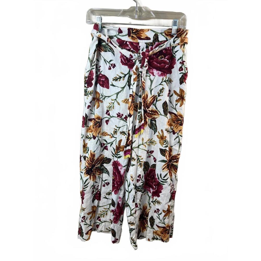 Joie Floral Wide-Leg Linen Blend Flowy Cropped Pants Beaded Fringe Belt Size 8